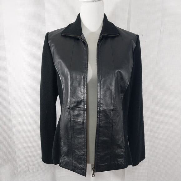 COLDWATER CREEK! LUXE BLACK GENUINE LEATHER, KNIT SLEEVE JACKET, COAT! SZ M - Picture 3 of 10